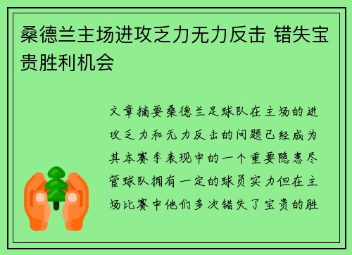 桑德兰主场进攻乏力无力反击 错失宝贵胜利机会