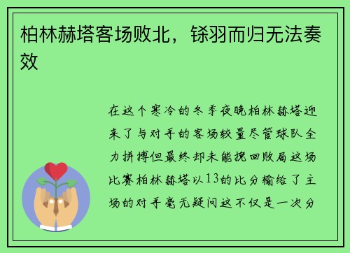 柏林赫塔客场败北，铩羽而归无法奏效