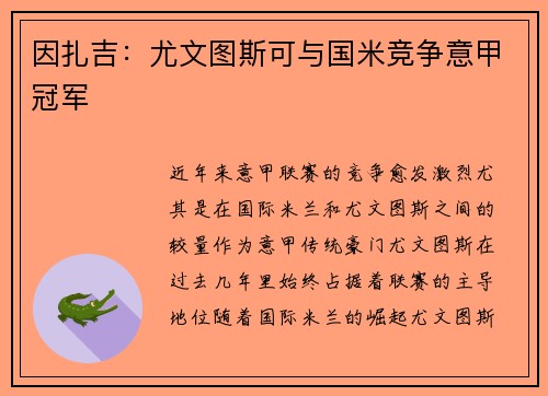 因扎吉：尤文图斯可与国米竞争意甲冠军